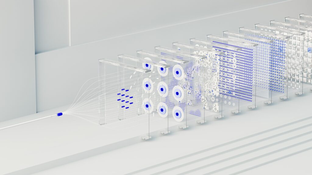 Visual abstraction of neural networks in AI technology, featuring data flow and algorithms.