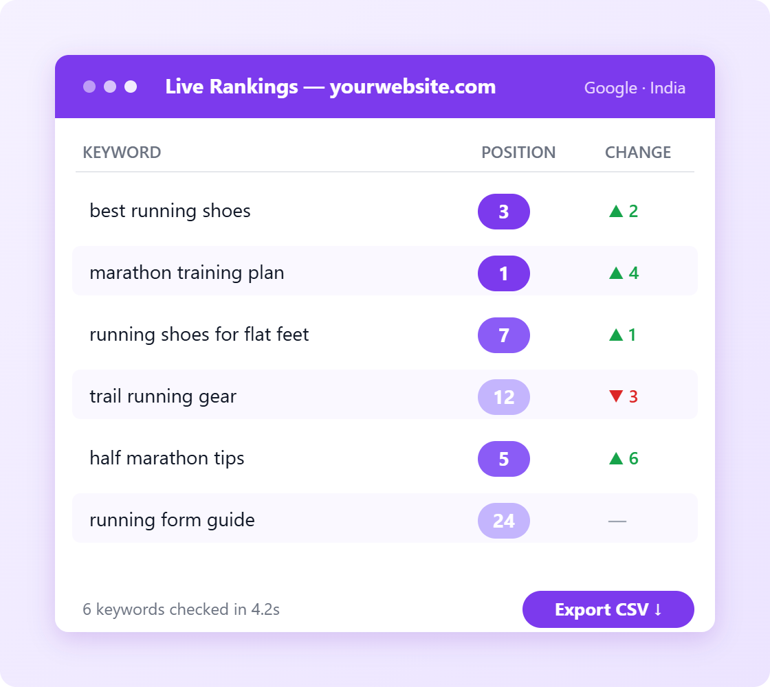 Keyword Rank Checker results table showing live Google keyword positions with CSV export